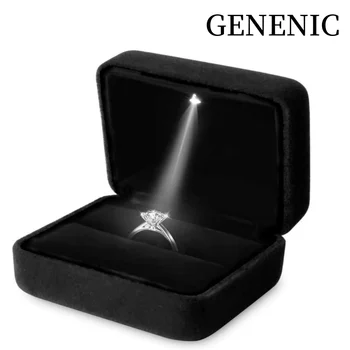 GENENIC – boîte à bijoux LED, boîte de rangement de boucles d'oreilles en velours de luxe pour proposition de fiançailles, boîte à bagues de mariage, boîte cadeau lumineuse