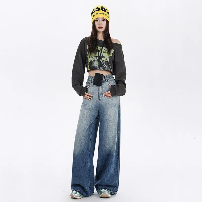

American Retro Gradient Blue Wide Leg Jeans Autumn and Winter New High Waist Loose High Street Slack Draggle-Tail Straight Trous