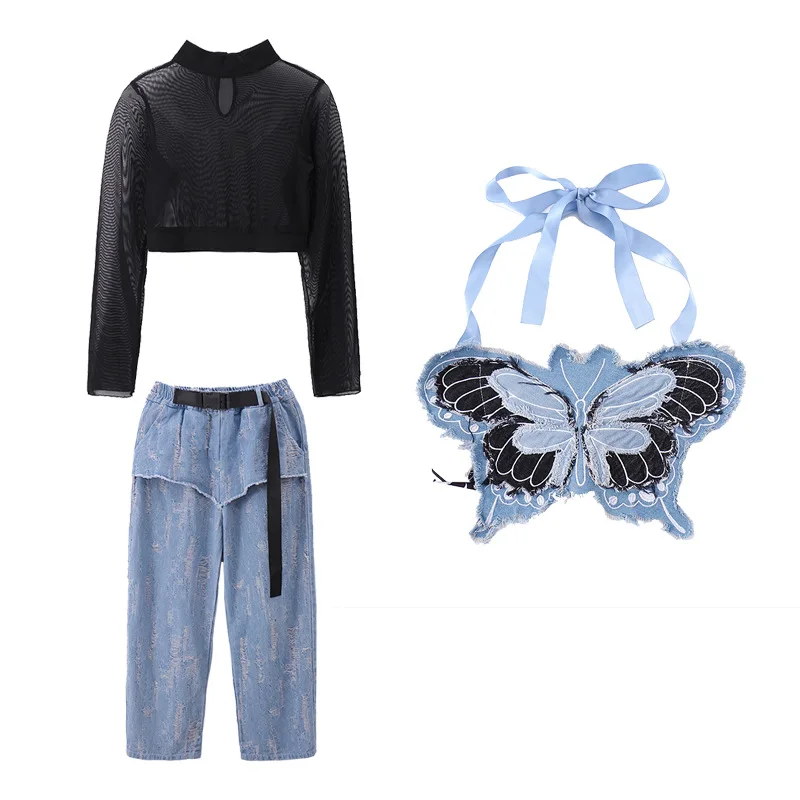 Fashion Butterfly Denim Hip Hop Dance Costumes for Girls Boys Jazz Ballroom Dancing Clothes Stage Outfit Kid Perform Show Wear