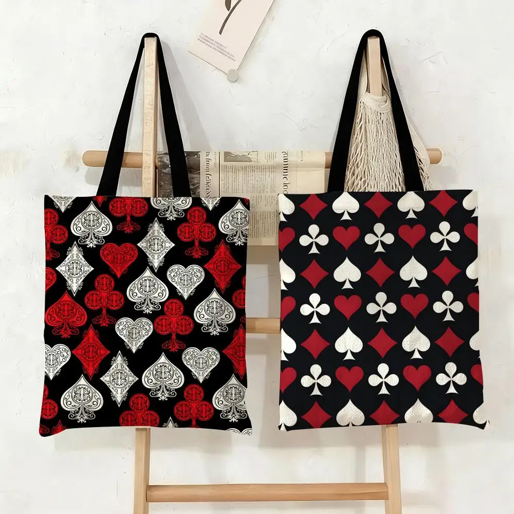 

Playing Card Patterns Storage Bags Canvas Tote Bag Large Capacity Double-Sided Print Reusable Shopping Bag Shoulder Bag
