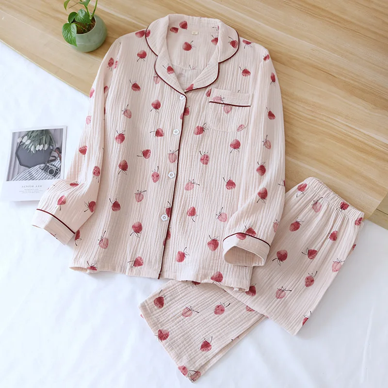 Autumn Women\'s Pajamas Set Print Crepe Cotton Double-layer Gauze Sleepwear Turn-down Collar Long-sleeve Trousers Household Wear