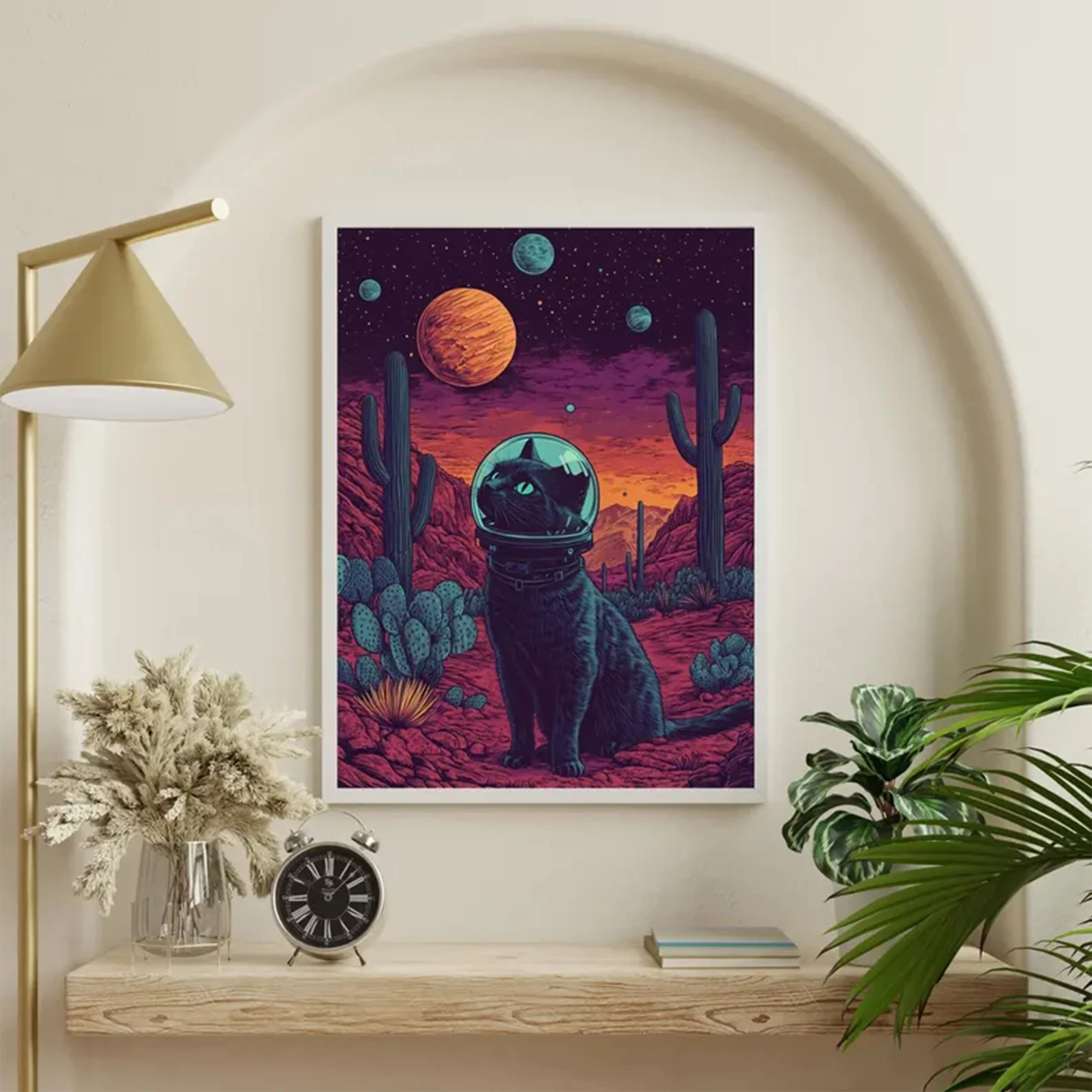 Retro Galaxy Kitty Among Cacti Desert Wall Art Print Canvas Painting Poster Picture For Living Room,Bedroom Home Decor