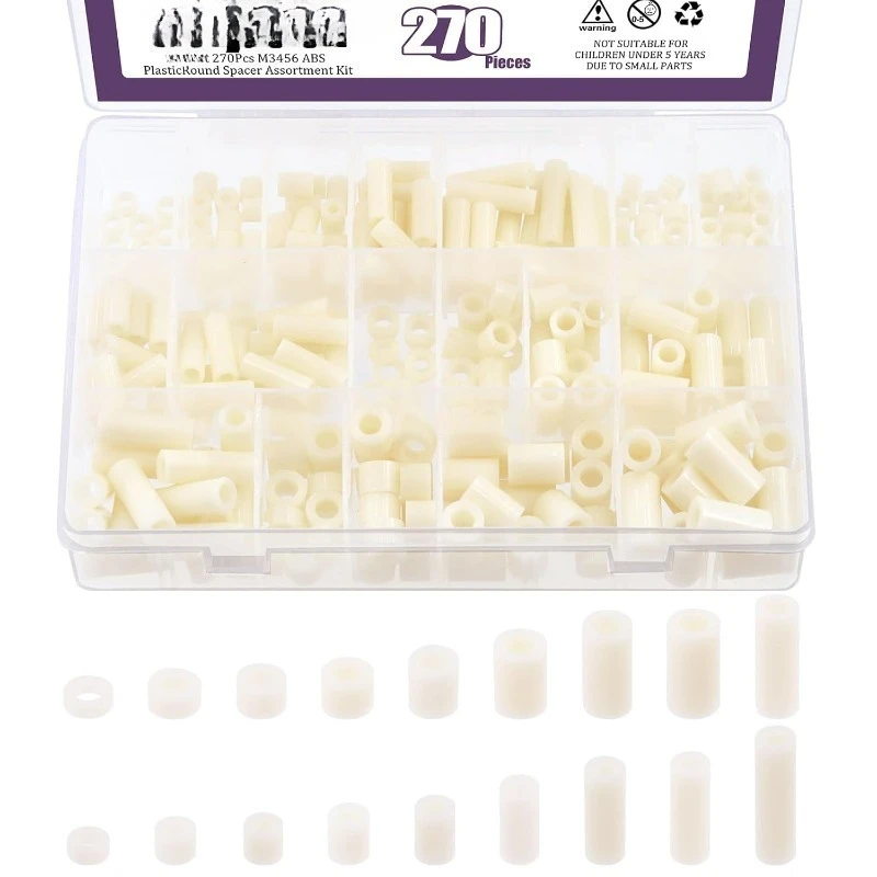 270Pcs 18 Sizes Black/White Nylon Round Spacer Standoff Screw Nut Assortment Kit for M3 M4 M5 M6 Screws Prototyping