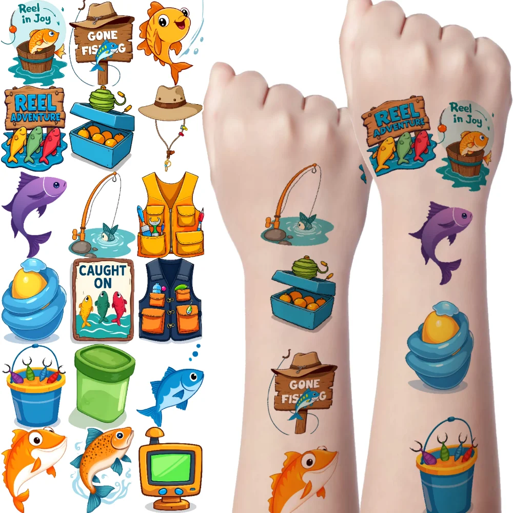 

63pcs Temporary Tattoo Fishing Adventure Temporary Tattoo Stickers Fishing Stickers Waterproof Long-lasting Body Stickers