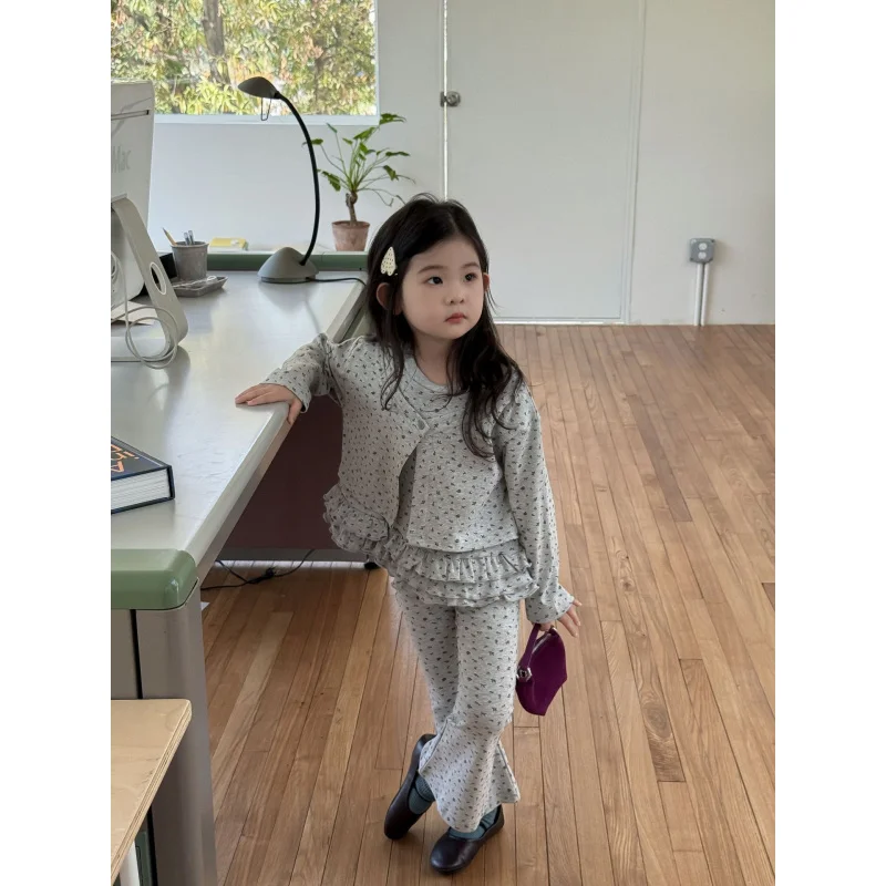 2025Autumn New Children's Clothing Children's Clothing Girls' Floral Fake Two-Piece Cardigan+Bell-bottom pants Autumn Outfit