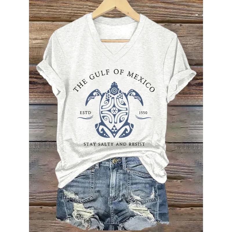 Ladies Short Sleeved T-Shirts Casual V Neck Summer Tops Gulf Of Mexico Day Printed T Shirt