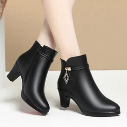 6cm 9cm Comfortable Fashion Soft Leather Winter Shoes Platform Botas 2024 Elegant Black Block High Heels Ankle Boots Office Mom