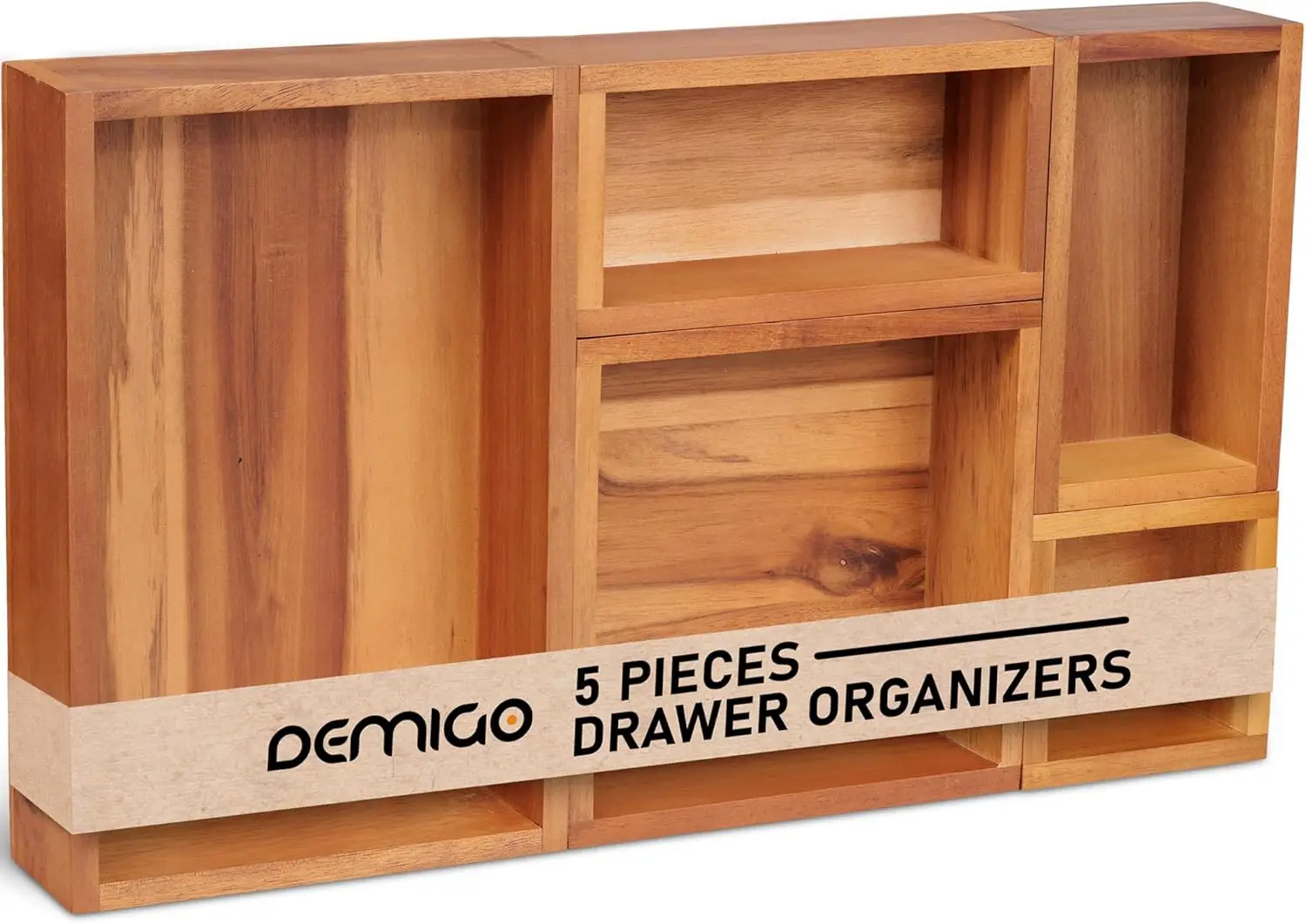 

Acacia Drawer Organizer Set of 5, Wood Bin Storage Box with Dividers for Kitchen, Office, Spices, Utensils (Brown)
