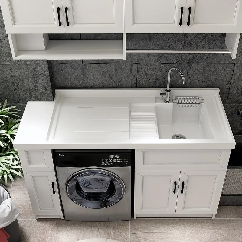 for Integrated Quartz Stone Balcony Aluminum Laundry Cabinet Corner Cutting Washboard Washing Machine Sink Combination