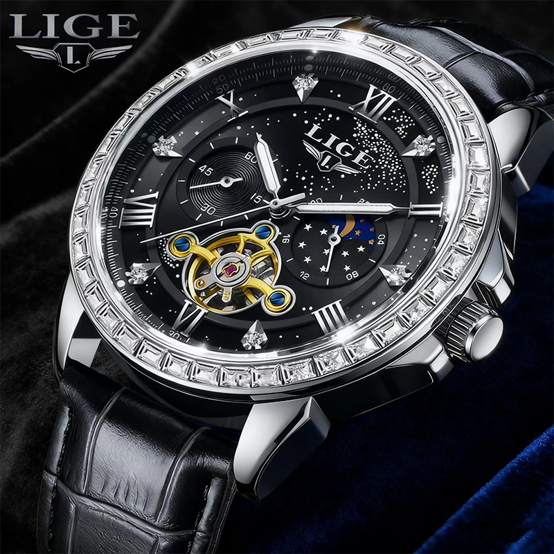

LIGE Men's Watches Luxury Brand Moon Phase Automatic Men Skeleton Flywheel Chronograph Luminous Waterproof Watches Montre Homme