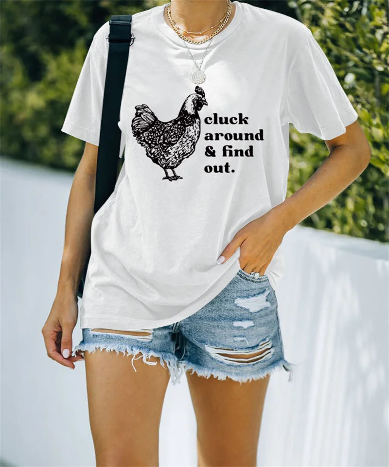 New fashion summer cotton women's Cluck around find out alphabet Rooster print round neck short-sleeved T-shirt