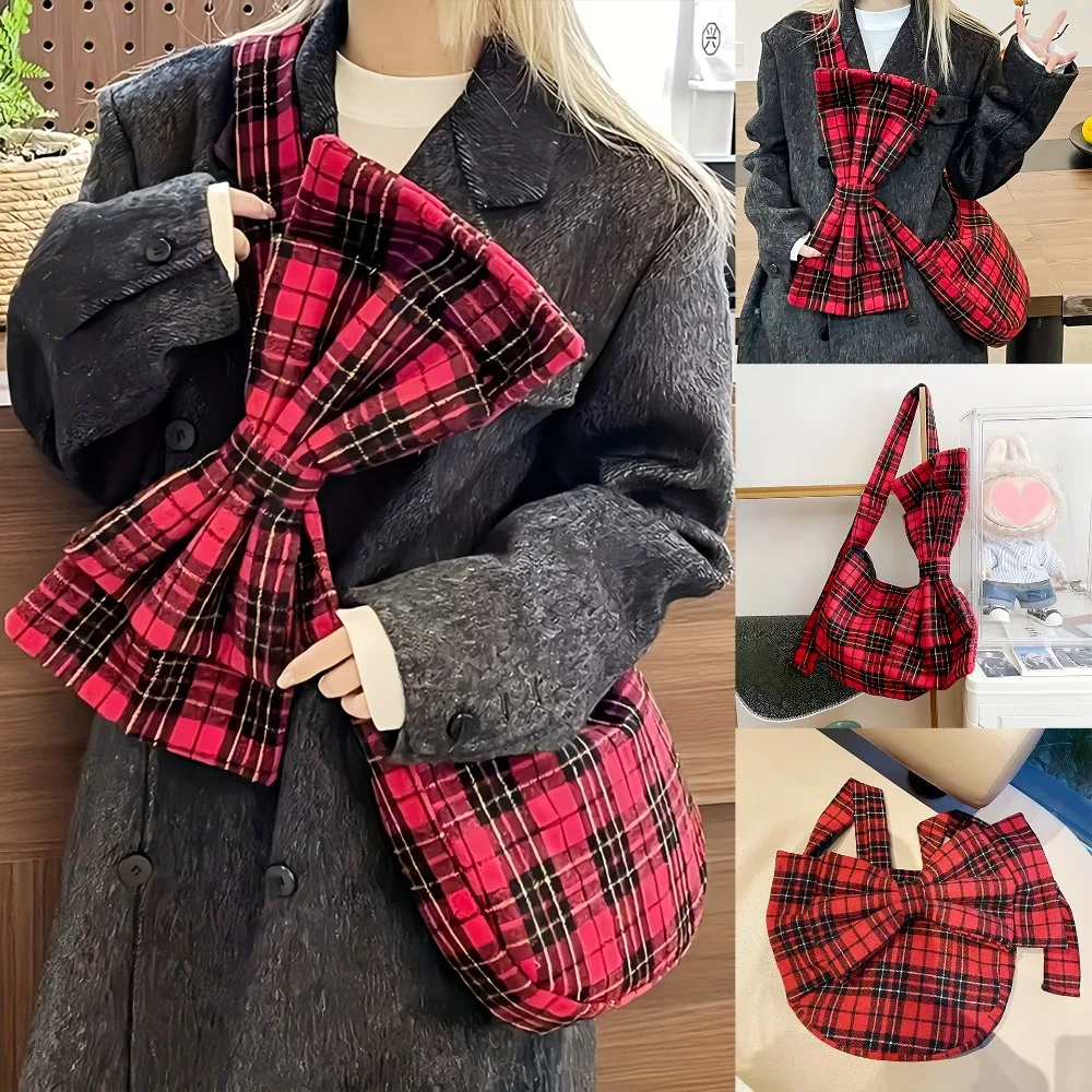 

Personalized Niche Design Large Capacity Crossbody Bag New Cool Girl Plaid Red Bow Underarm Bags Fashion Chic Classroom Handbag