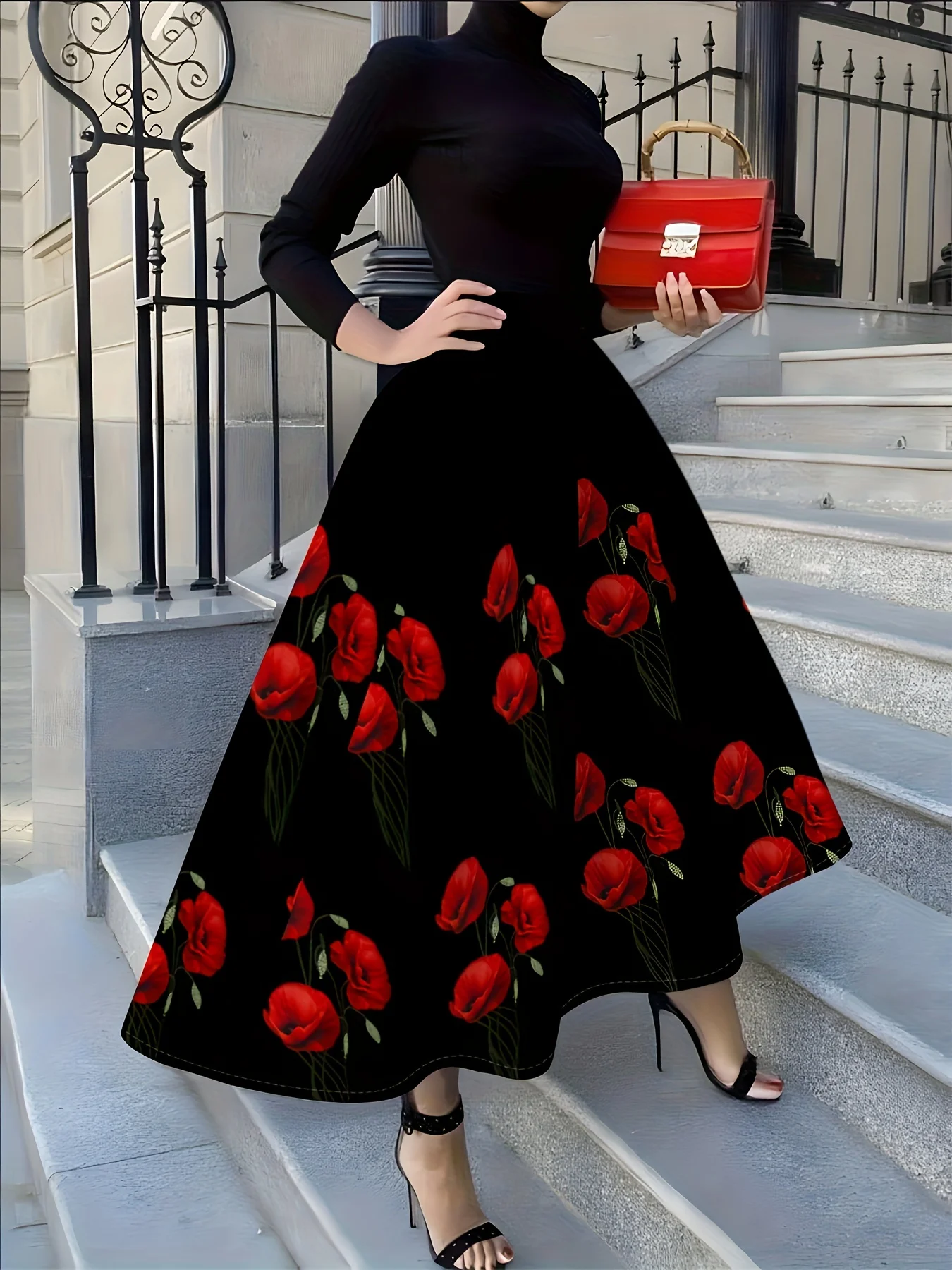 

Юбка-полусолнце из ткани с принтом «Красные розы» на черном фоне, повседневный стиль, всесезонная, с дизайнерским принтом