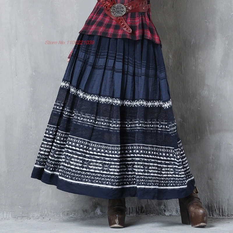 2024 chinese improved skirt national denim jacquard patchwork skirt oriental vintage a-line elastic waist traditional skirt