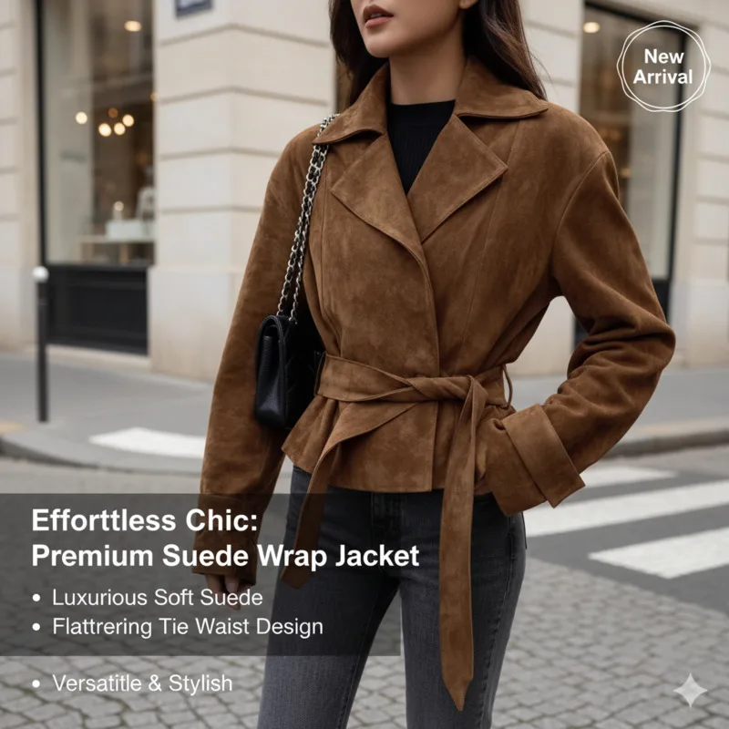 

Autumn Retro Suede Jacket For Women Slim Lapel Design Tie Waist Casual Chic Short Coat Long Sleeve Daily Streetwear Essentials