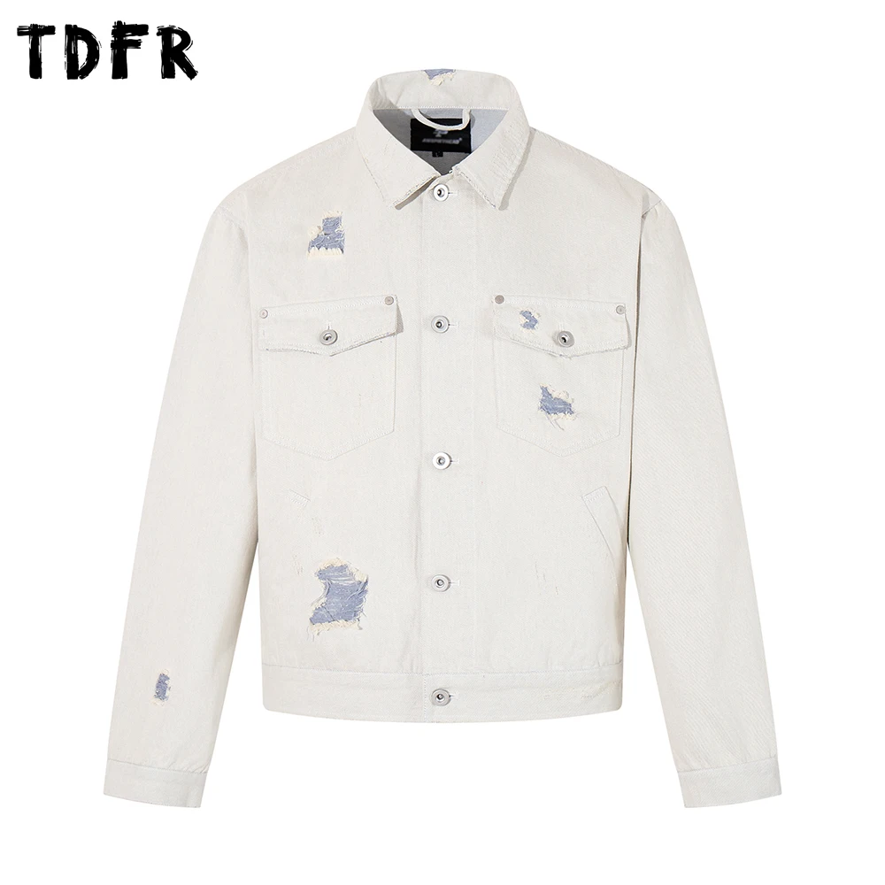 

Ripped Cargo Jacket Mens Multi-Pocket Autumn Retro Casual Single Breasted Lapel Long Sleeve Loose Outerwear Man