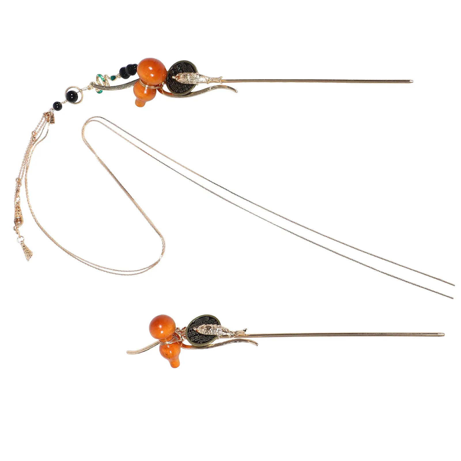 

2Pcs Gourd Shape Chinese Hair Pins with Long Swinging Tassels Handmade Metal Ancient Style Hair Sticks for Bun Updo Chignon