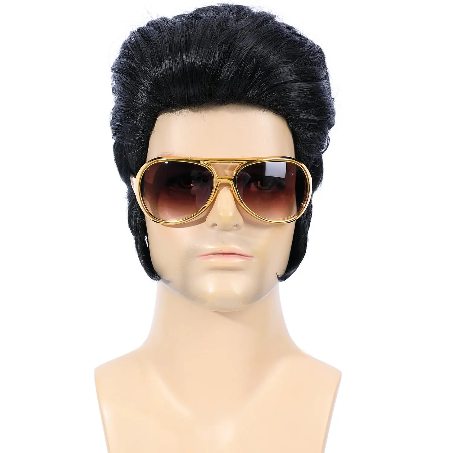 Elvis Black Wig + Glasses + Necklace +Wig Cap for Men's 1950s Disco PartyHeat Resistant Synthetic Short Men Wig image 5