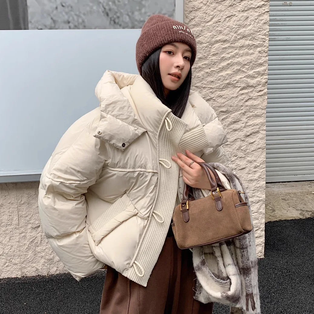 2025 Winter New Women's Down Jacket Commuter Hoodie Knitted Splicing Single Breasted White Duck Down Jacket