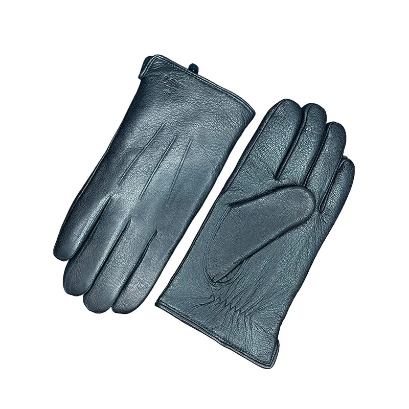 European, American and Russian Men's Winter Warm Goat Skin Thickened Fur Integrated Lining Imitation Deer Leather Gloves