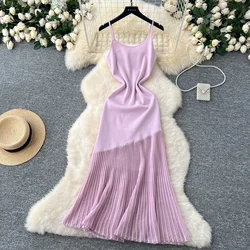 2025 New Summer Irregular Beach Long Dress Women Strap Sleeveless Elastic Patchwork Solid Knitted Party Sundress Maxi Long Dress