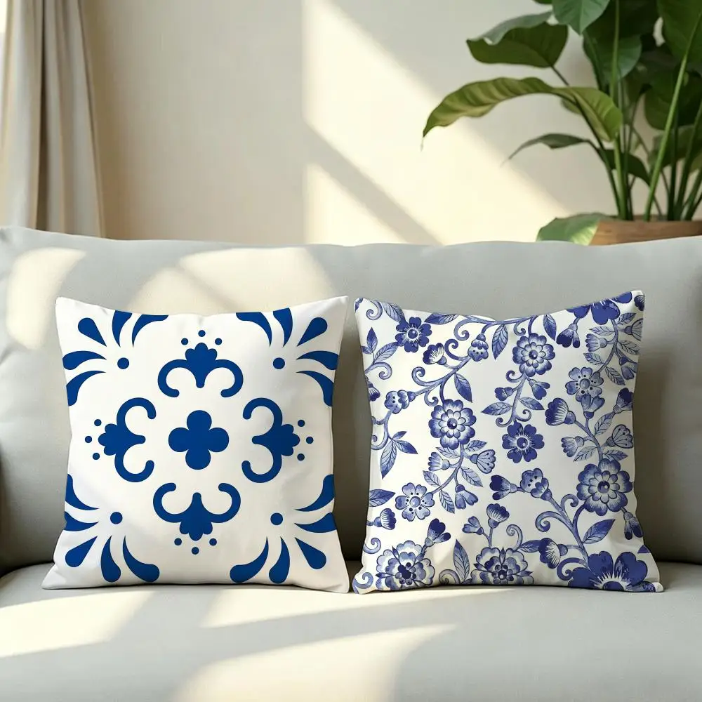 Traditional B-Blue and White PorcelainS Cushion Cover 4Pcs Soft Plush Throw Pillow Covers 40x40 45x45 for Sofa Bedroom