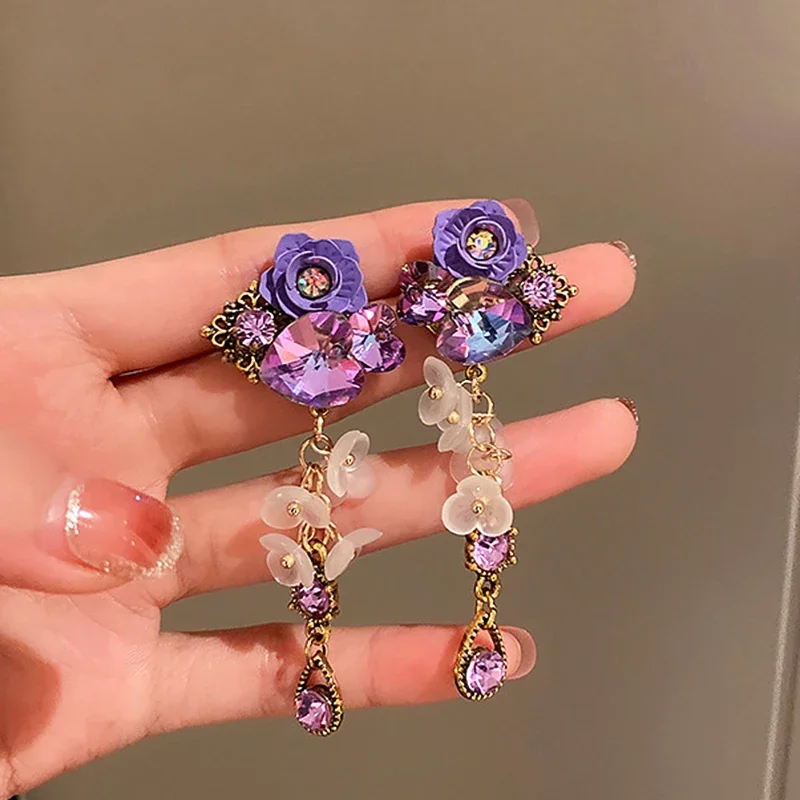 New Fashion Fine Heart Crystal Purple Flower Drop Earrings for Women Jewelry AAA Zirconia S925 Silver Needle Party