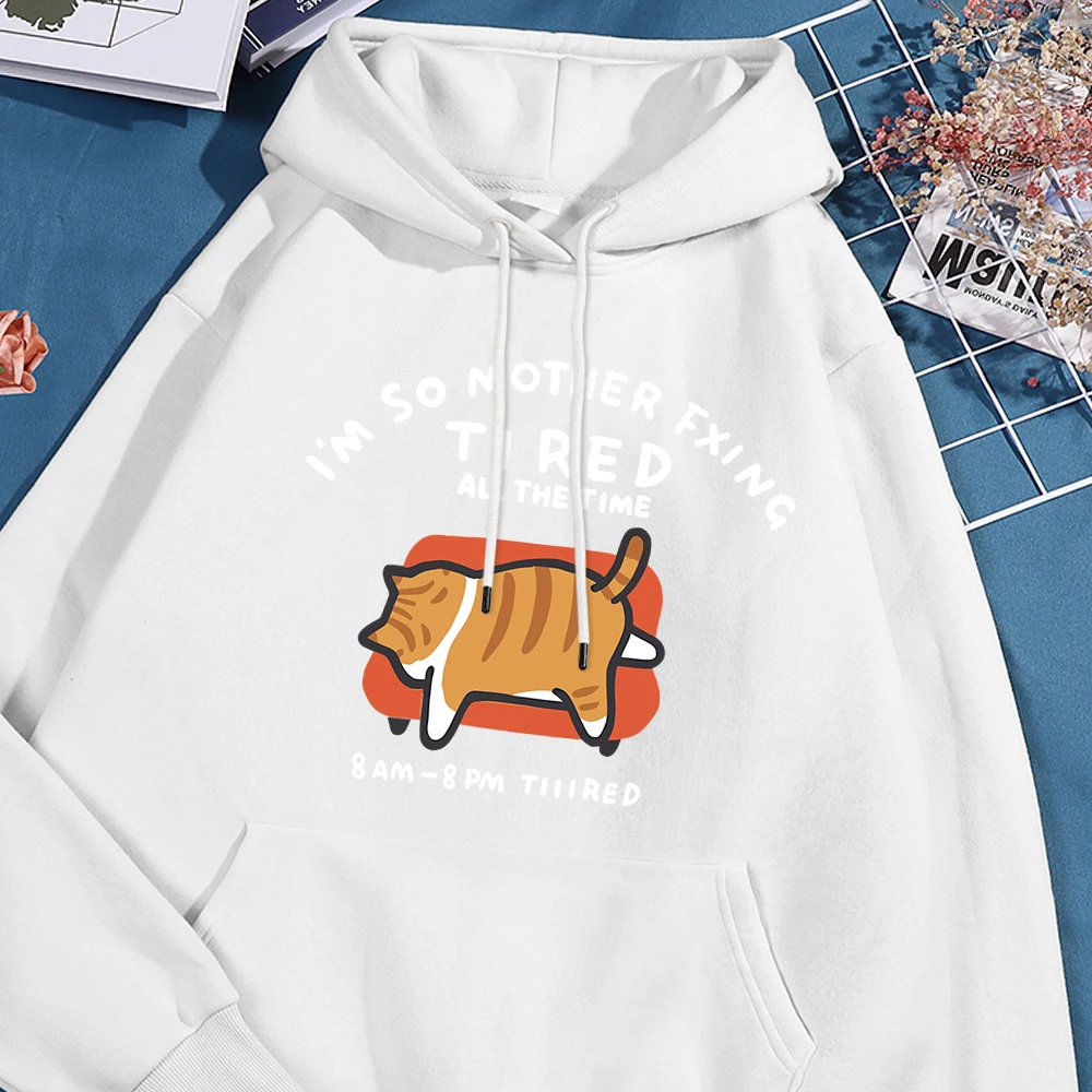 Sudadera holgada informal con capucha para mujer, suéter sencillo deportivo, ropa versátil Y2K, estampado blanco, gato naranja tumbado en el sofá