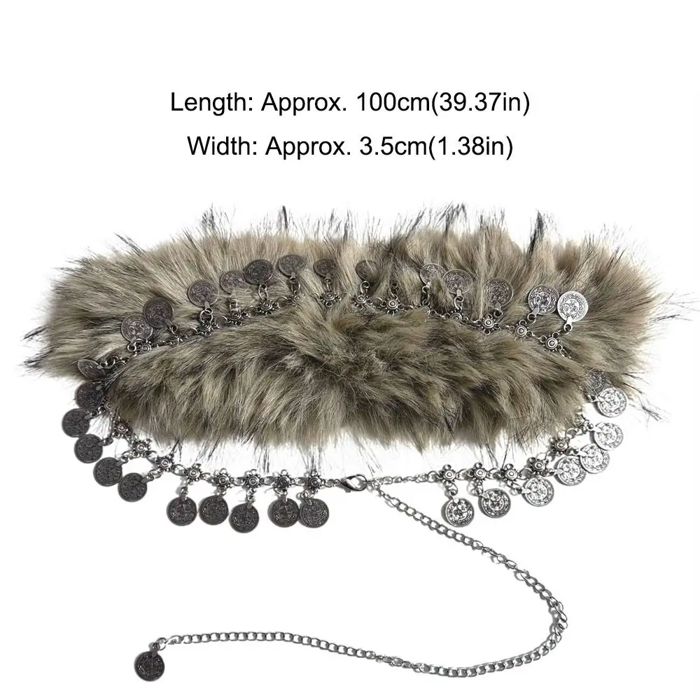 خمر العصرية تصميم فو الفراء أحزمة سلسلة معدنية الشرير فروي الربط حزام فتاة حار Y2K جولة عملة أحزمة وسط النساء الموضة