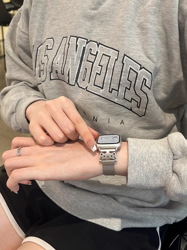 Cute Cat Milanese Band For iWatch Ultra 2 10 9 8 7 6 5 4 Metal Bracelet Strap For Apple Watch 38mm 40mm 41mm 42mm 45mm 46mm 49mm