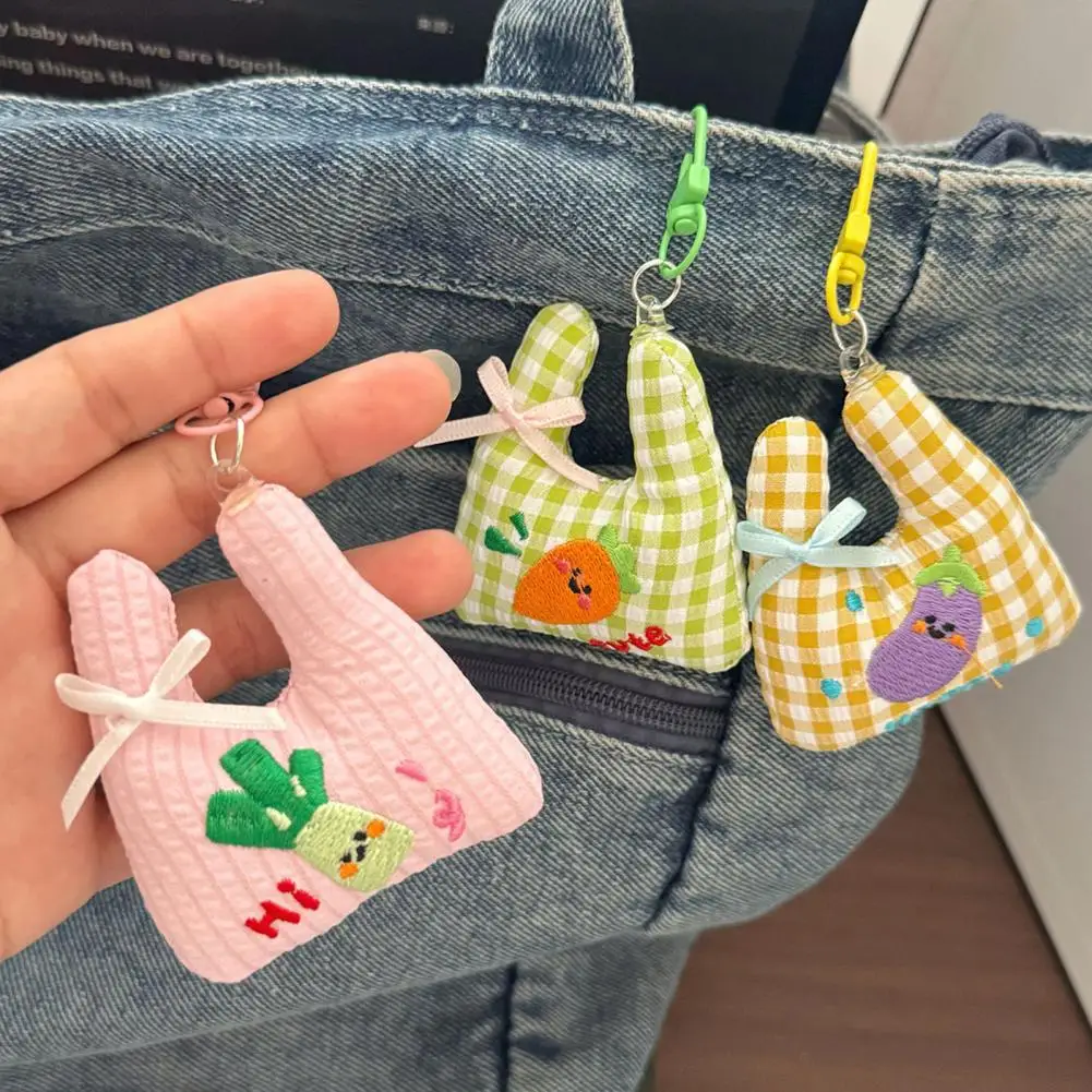 Purse Decoration Accessories Vegetable Bag Keychain 1 or 2 Pcs Embroidery Vegetable Keychain Mini Plaid Grocery Bag Charm Purse