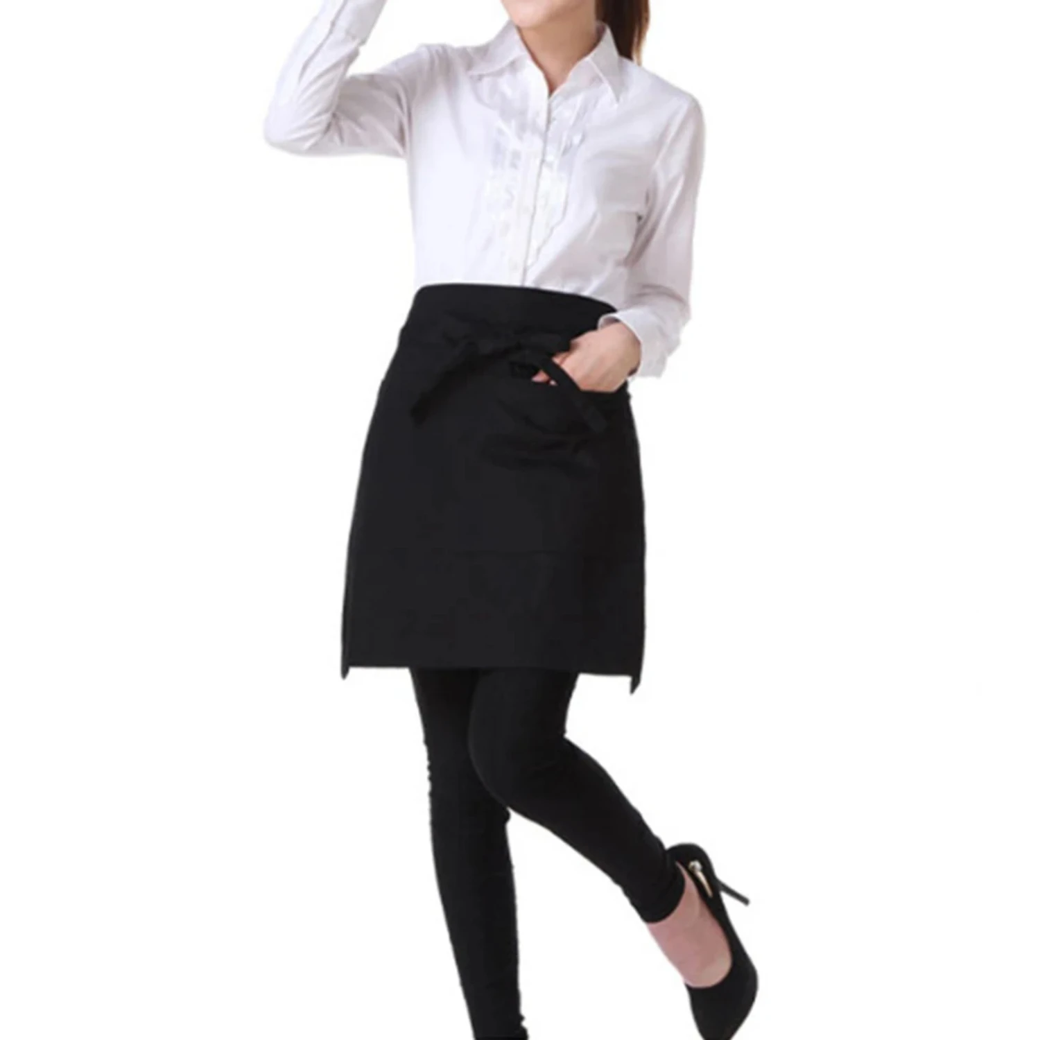 Durable, chic unisex waist apron featuring a stylish and elegant half bust bib design - ideal for coffee shops, restaurants, and