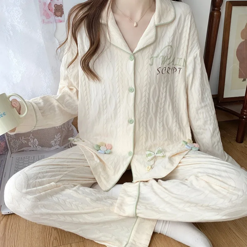 Pajamas Set Women's Spring Autumn Cardigans 2024 New Girls Simple Casual Princess Style Loungewear Long Sleeve Sleepwear Suit