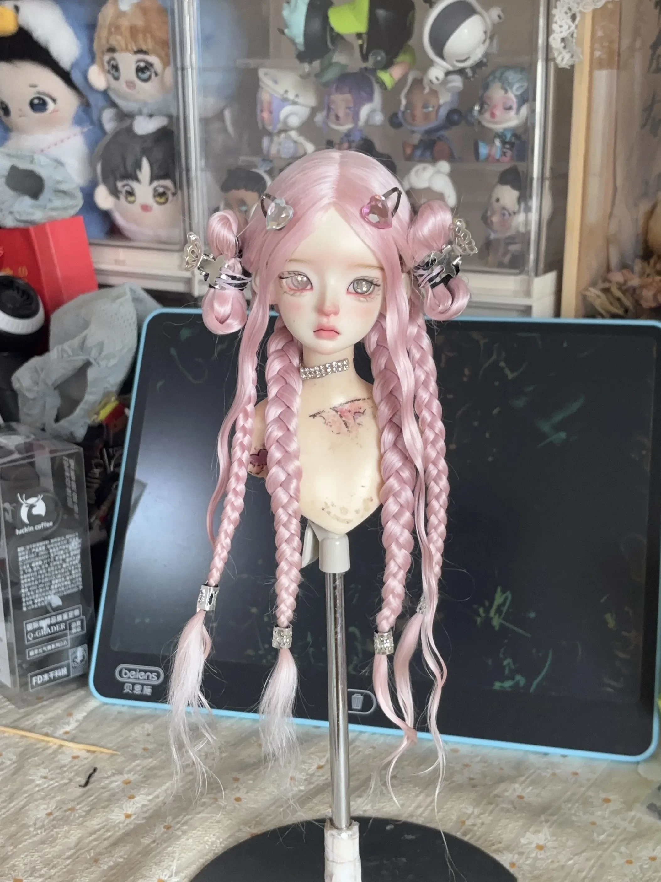 

Doll Accessories Fashion-pink 1/4 BJD Braided Wig Bun Wig Hardhead Shell Mohair Hair 1 Piece