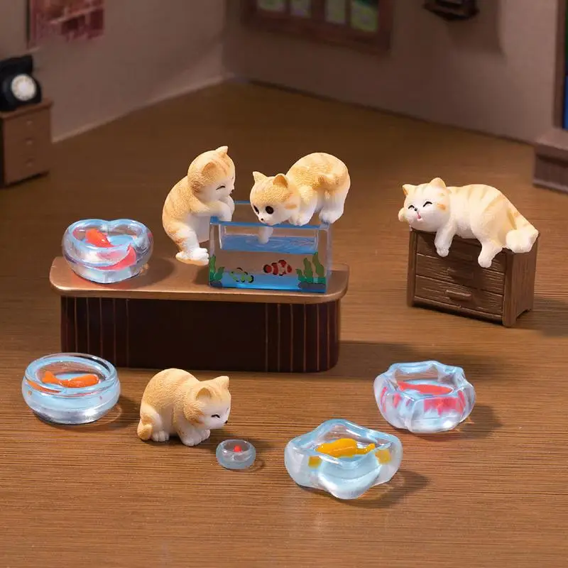 Stylistic Miniature Cat and Fishbowl Arrangements for Home or Office Micro Landscapes