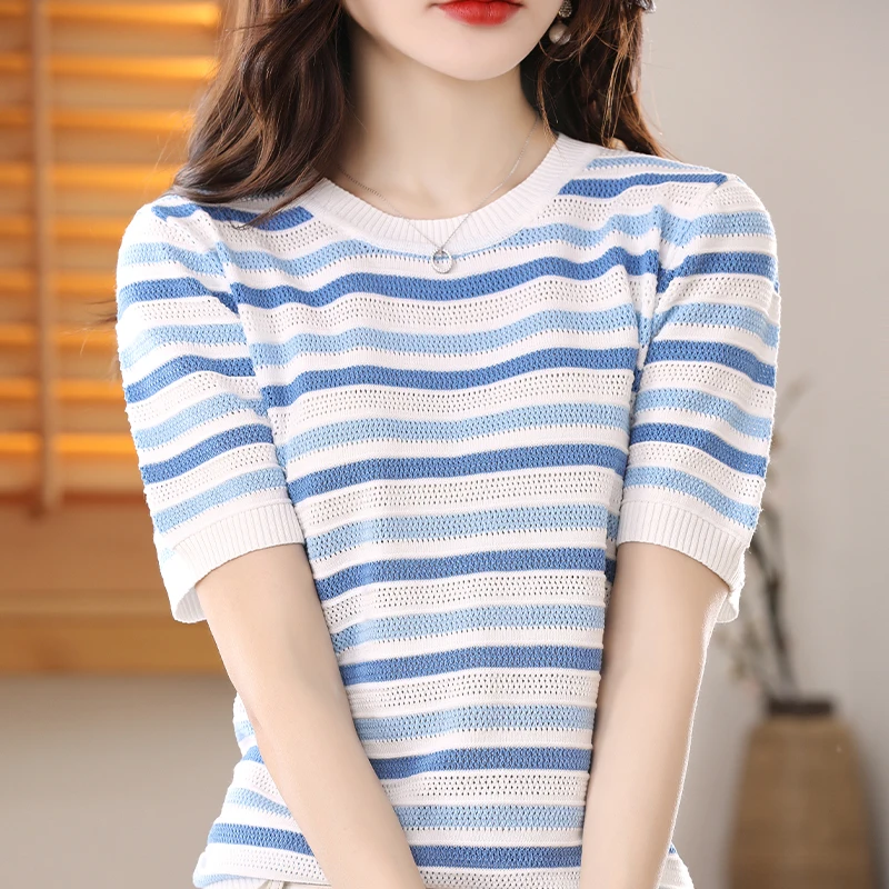 Striped Cotton T-Shirt  New Summer Minimalist Style Women\'s Casual Loose Short Sleeved Top Classic Versatile  Round Neck T-Shirt