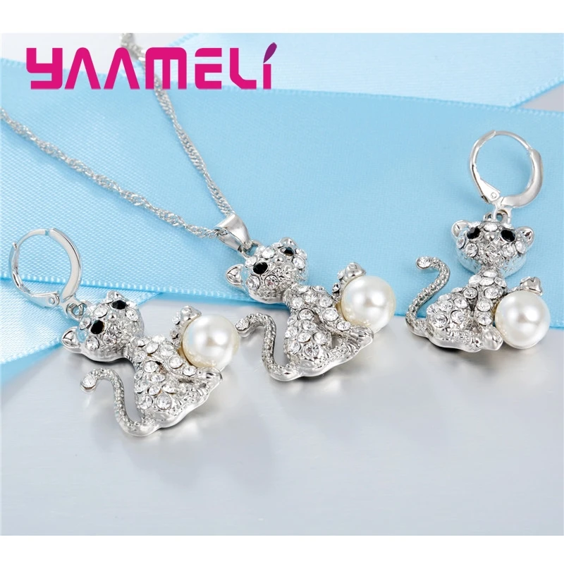 Cute Full Crystal Bling Bling Leopard Pendant Necklace Earrings Party Gifts 925 Sterling Silver Cubic Zirconia Pearl Jewelry Set