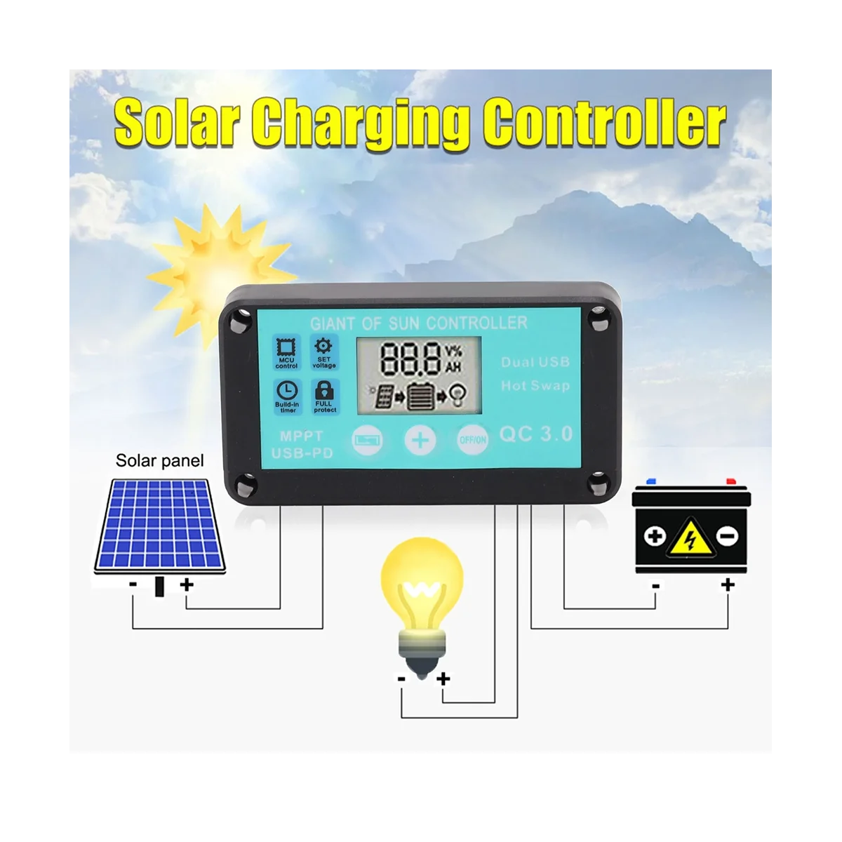 Contrôleur de charge solaire MPPT, protection multiple, QC3.0, écran LCD, 10A