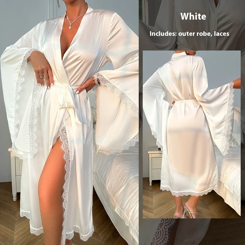 Satin Sleepwear Women Lace Light Luxury Long Sleeved Cool Sleeping Robe Bathrobe Loungewear Sexy Robe Nightgowns Sets Women