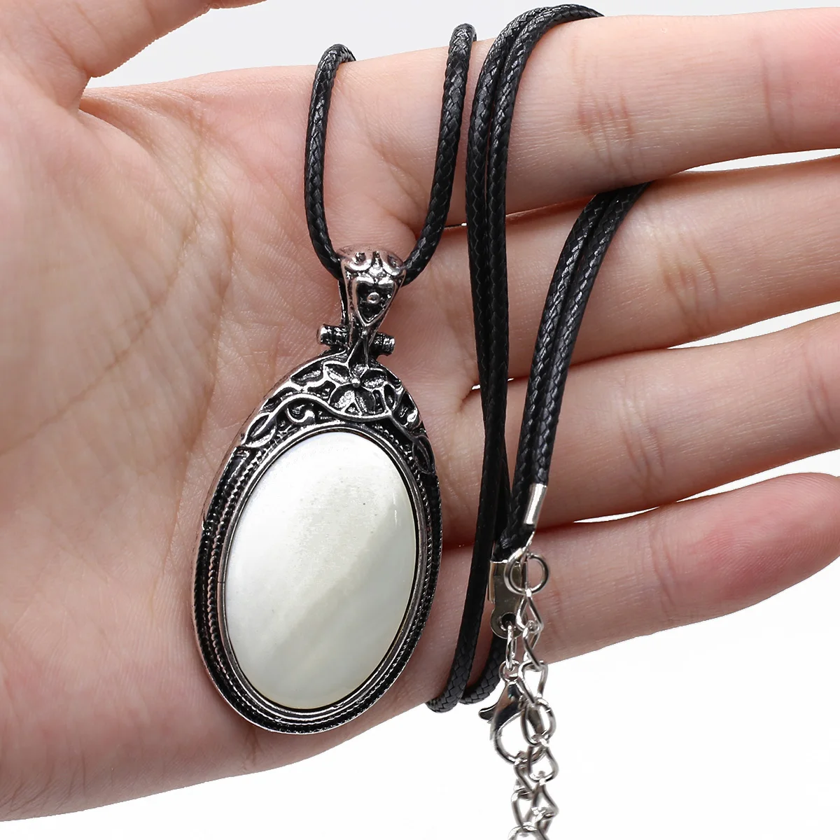 Natural Stone Rose Quartz Opal Cabochon Egg Shape Bead Pendant Vintage Alloy White Shell Charms DIY Necklace Making Jewelry