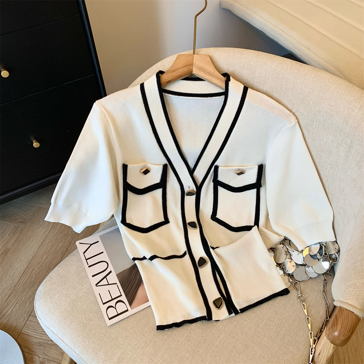 Korean Style Sweater Cardigan For Women Summer Elegant Vintage Ladies Knitwear Tops Short Sleeve V-neck Fashion Jumpers 2024