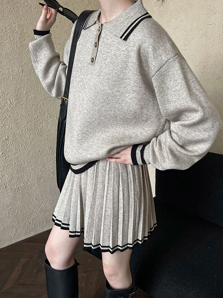 [EAM] Oat Color Sweater Half-body Skirt Two Pieces Suit New Lapel Long Sleeve Women Fashion Tide Spring Autumn 2024 1DH7901