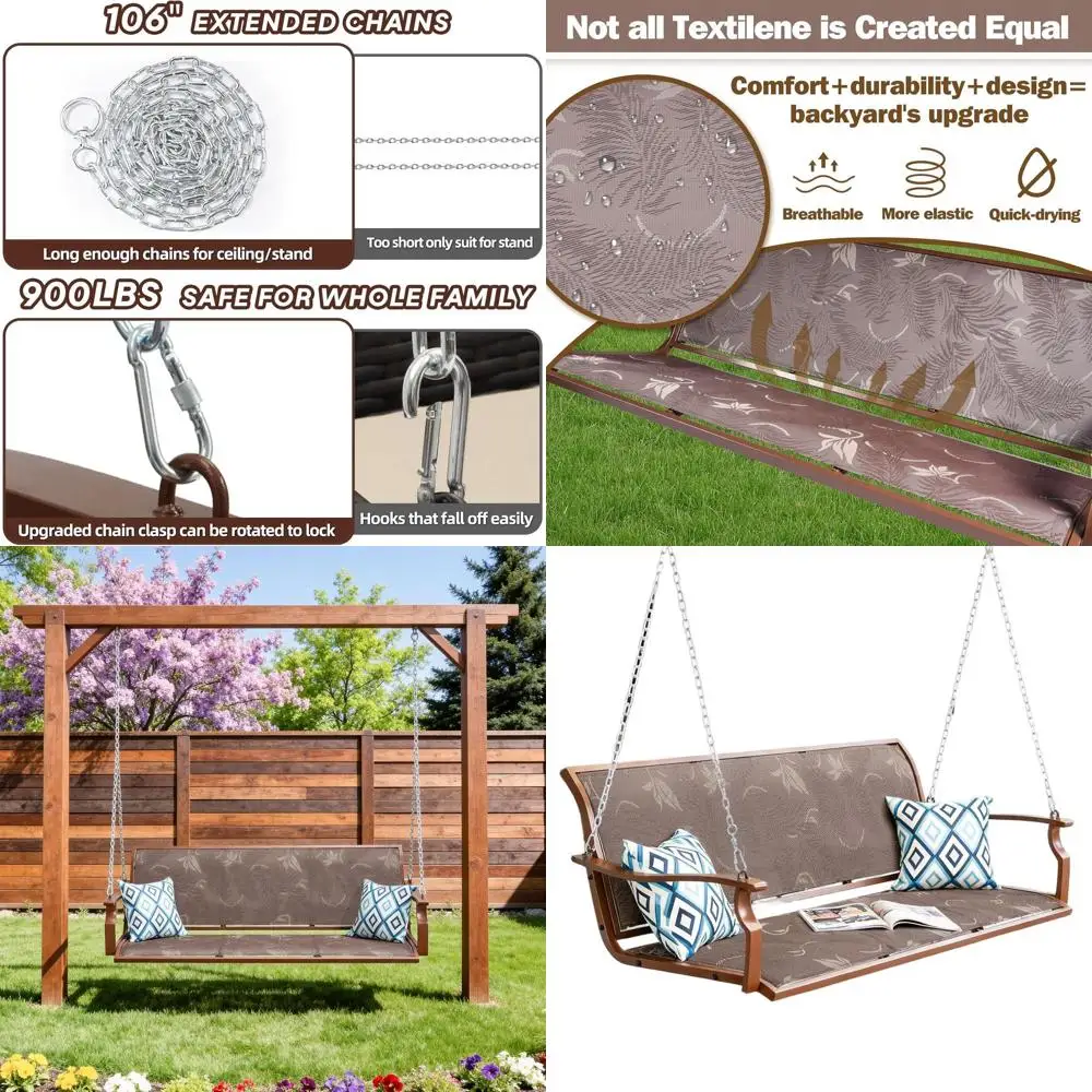 

Прочные 3-местные уличные качели с удлиненными цепями, сиденье из текстилена, устойчивое к воздействию погодных условий, грузоподъемность до 900 фунтов, коричневый цвет.