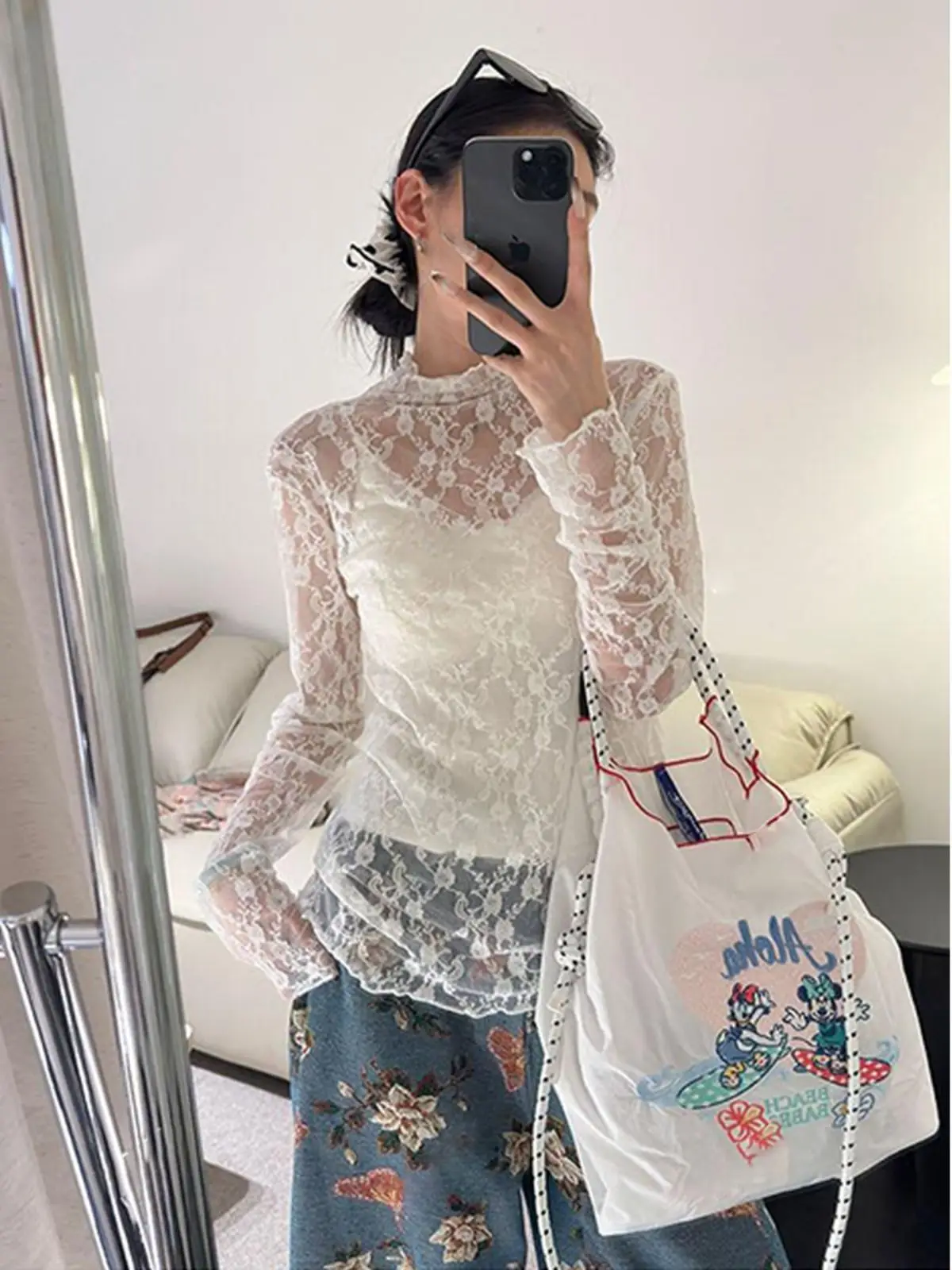 Sexy Summer New Lace Hollow-out Slim Design Underwear Tops T Shirt Harajuku Shirts Y2k Top Long-sleeved Grunge Clothes Trend