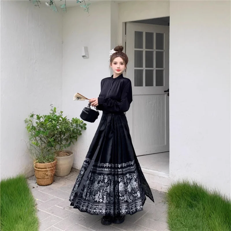 New Chinese Style National Style Suit Autumn Wear plus Size Women's Clothing FatmmBlack Top Horse-Face Skirt Skirt Two-Piece Set