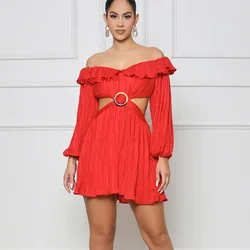 Sexy Off The Shoulder Ruffles Bodysuit Women Long Sleeve Skinny Ruched Playsuit Elegant Party Club One-pieces Festival Outfits