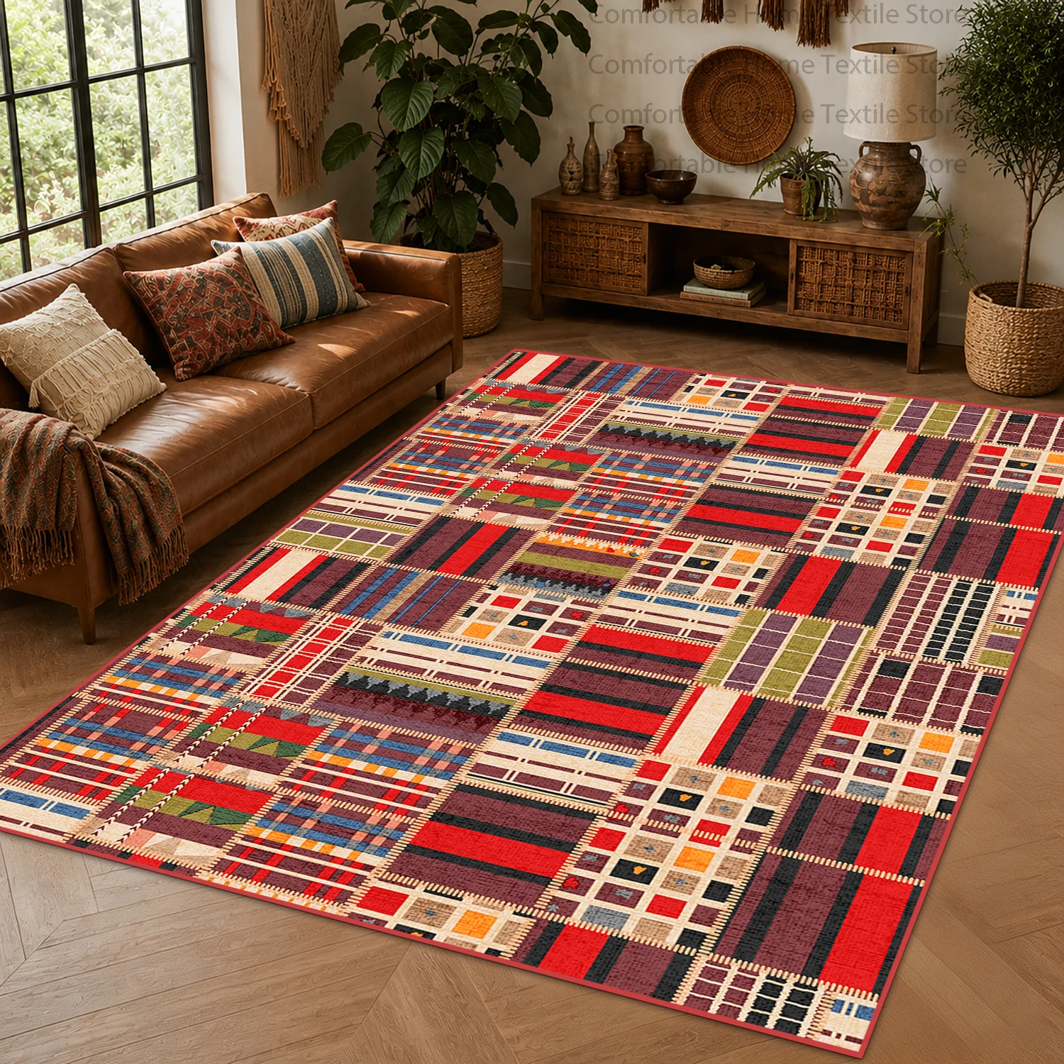 Retro Bohemian Style Color Block Splice Decoration Living Room Carpet Soft Plush Antiskid Dining Room Rug Easy Clean Floor Mat