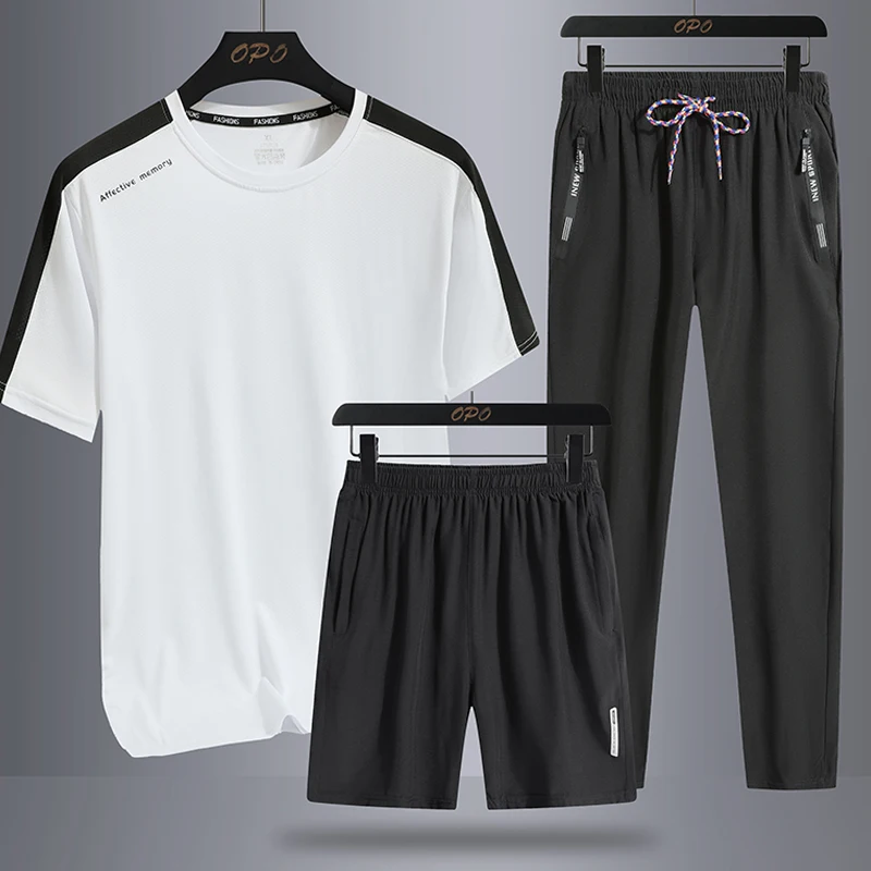 Men's and women's summer patchwork color contrast sports set, outdoor ice silk running thin pullover T-shirt, three piece runnin