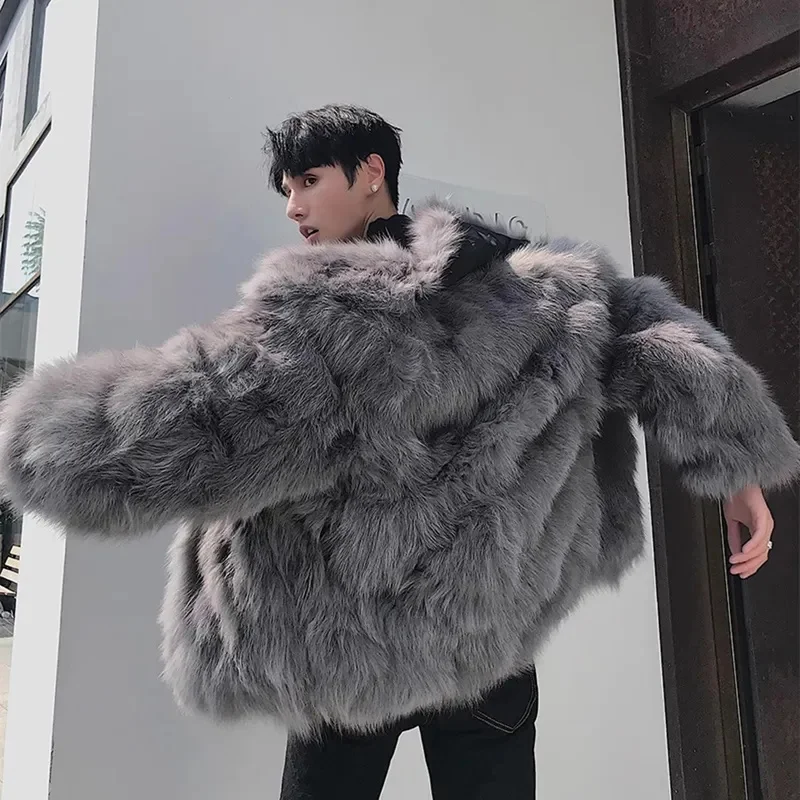 

fox fur Coat Men Fashion Faux fur Thickened Fashion Autumn Winter Stand up Collar Cool and Environmentally Friendly fur JJ831
