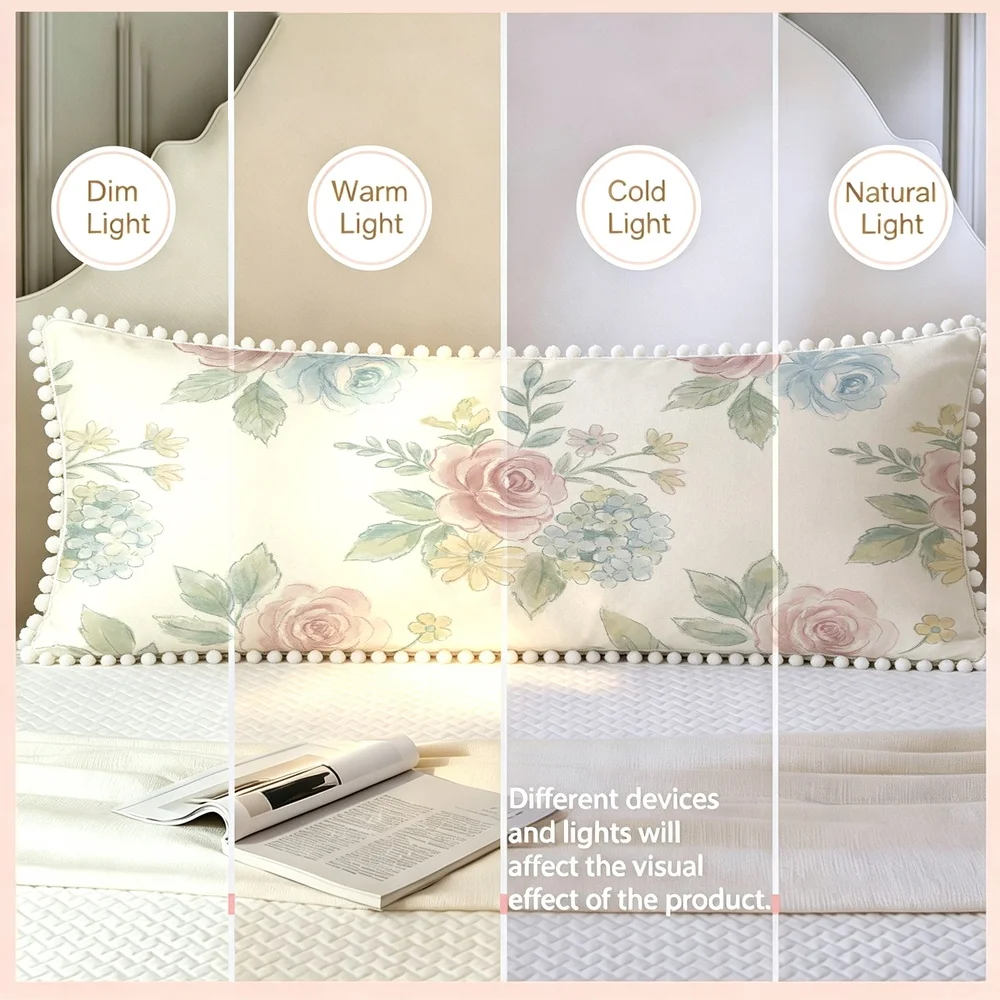 1PC Cream Background with Pink Blue Roses and Hydrangea, Watercolor Romantic Floral Long Pillow Cover with Pom Pom Trim